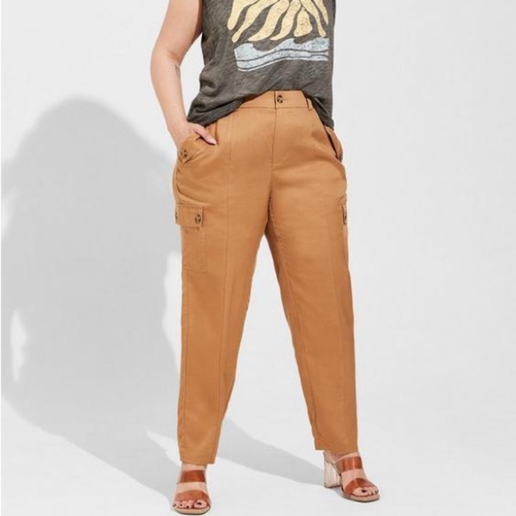 Torrid Relaxed Taper Studio Linen Blend High Rise Cargo Tobacco Brown Pants 16T - Picture 3 of 16